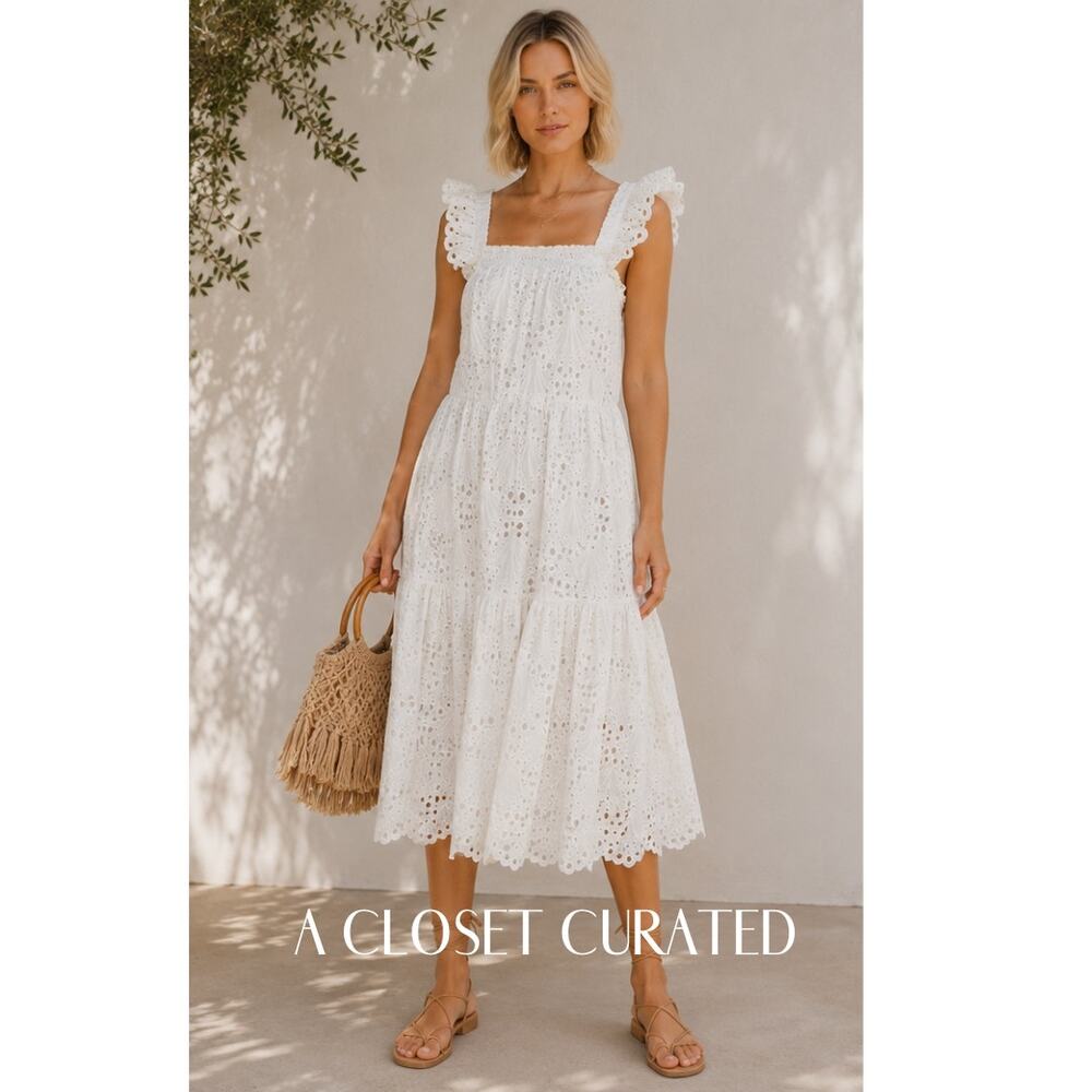 Charina Sarte L'Amour Eyelet Flutter Sleeve Midi Dress XS White